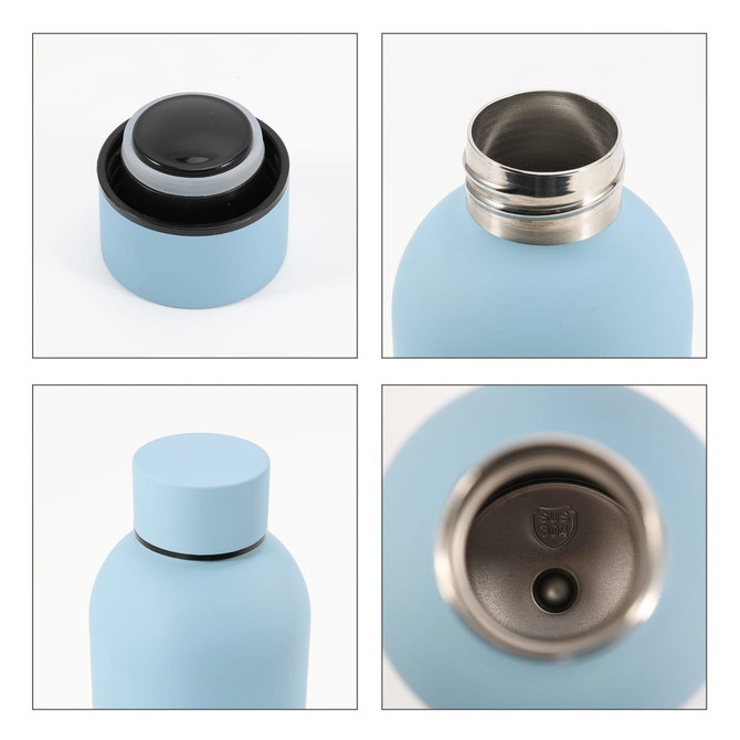 A drink bottle with a rubber-coated light blue exterior and stainless steel interior, featuring a round black lid and logo.