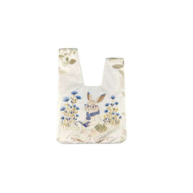 A short pile wrist bag featuring a rabbit in glasses, surrounded by blue flowers and greenery, with a subtle logo.
