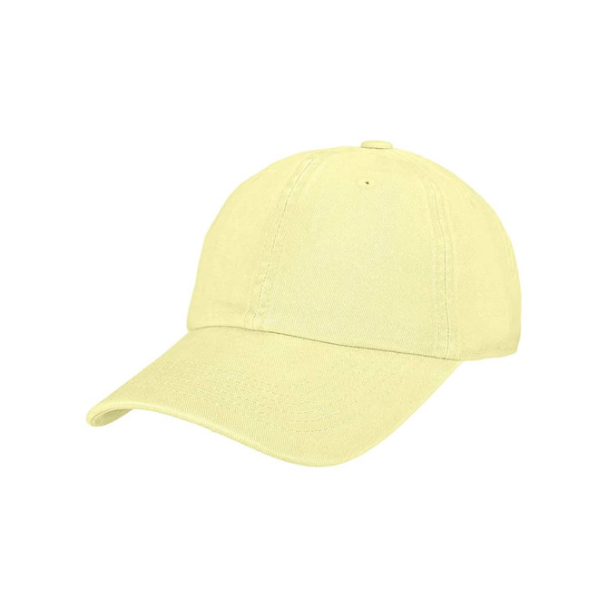 A premium washed cotton baseball cap in a soft yellow colour, featuring an adjustable strap and a logo.