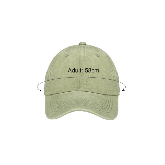A faded green baseball cap with a curved brim and an adjustable strap, featuring a logo on the front.