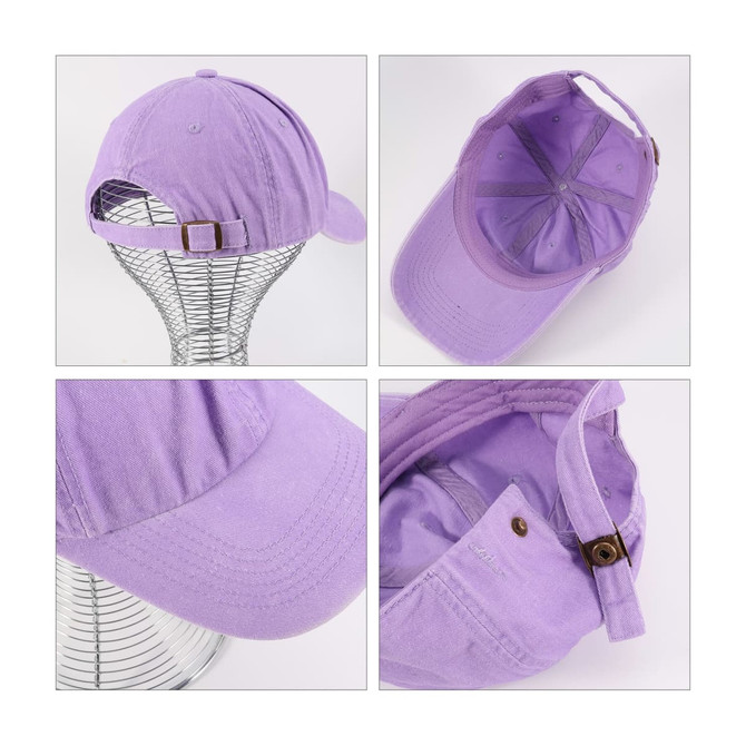 A premium washed cotton baseball cap in light purple, featuring a logo and an adjustable strap at the back.
