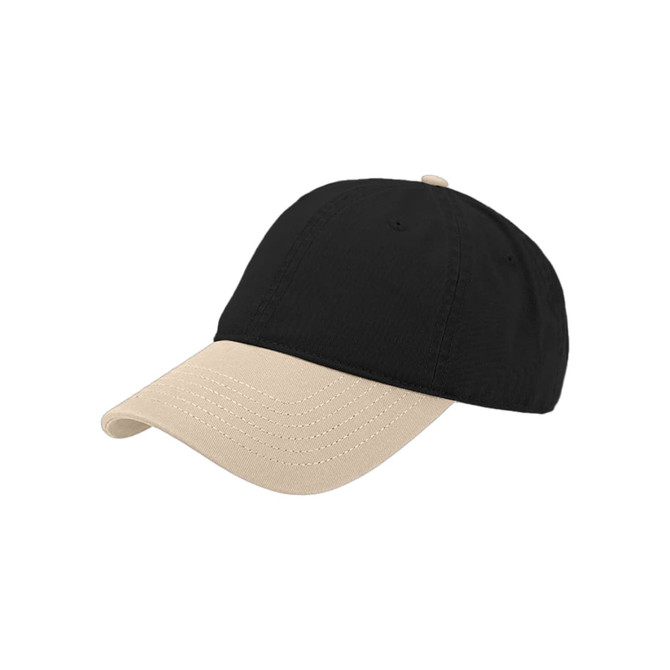 A solid black cap with a beige brim and a logo on the front.