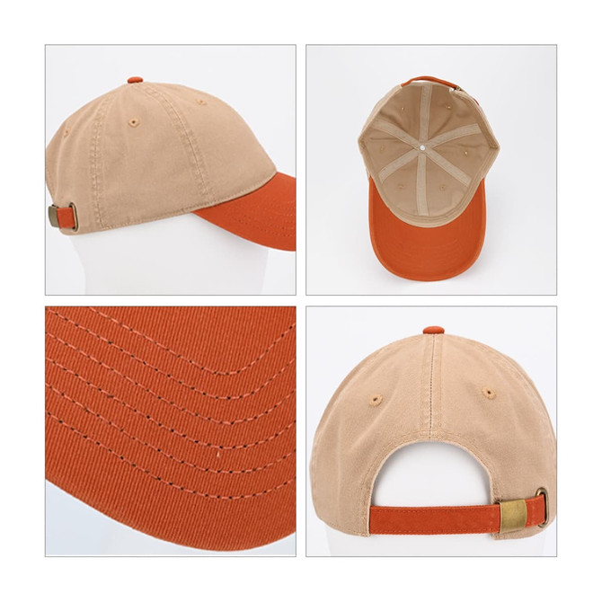 A solid beige and orange fashion cap with a rounded brim and adjustable strap, featuring a logo.