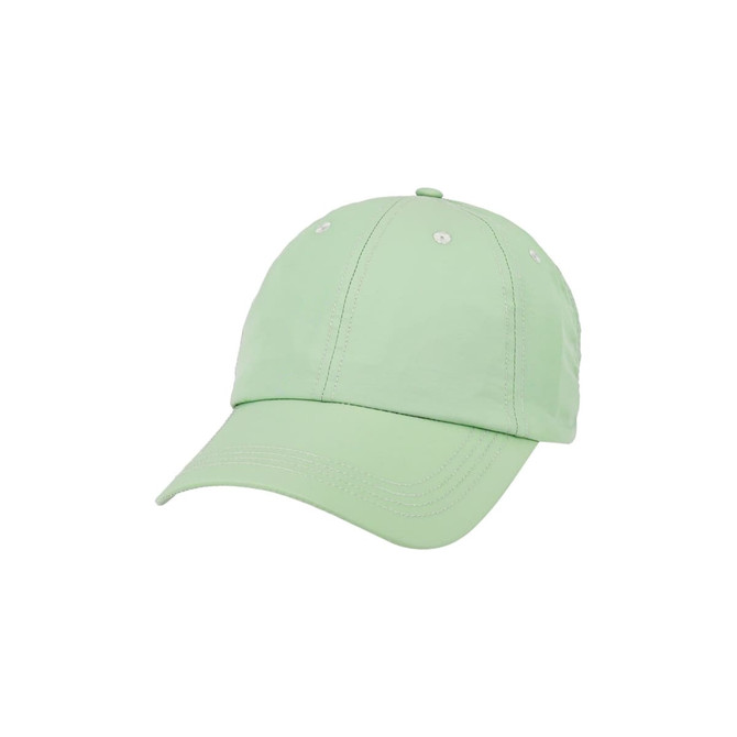 A lightweight cap in a soft green colour with a curved brim and eyelet vents. It features a logo.