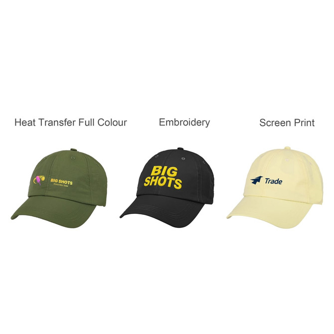 Three lightweight caps in olive green, black, and pale yellow, featuring different branding methods.