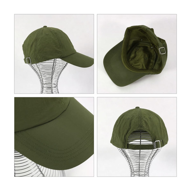 A lightweight cap in olive green with a buckle adjustment, featuring a structured design and an interior lining.