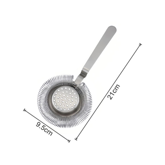 A round silver cocktail strainer with a long handle, featuring a circular perforated design and measuring 21cm in length.