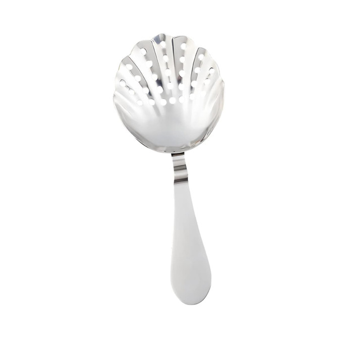 A stainless steel bar strainer with a scalloped design and a long handle, featuring holes for drainage.