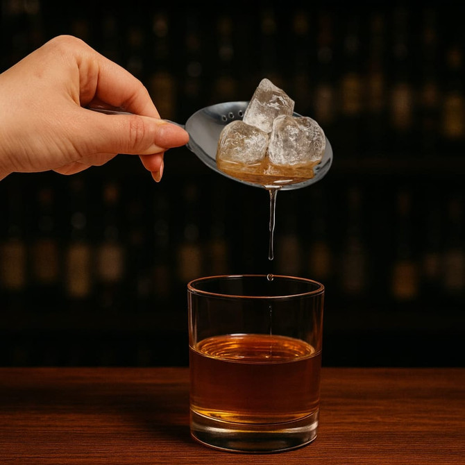A hand holding a spoon with ice cubes above a glass of amber liquid on a wooden surface, with a blurred background.