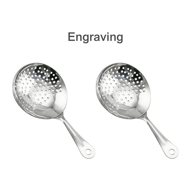 Two stainless steel cocktail strainers with a shiny finish and perforated design, featuring a handle for easy use.