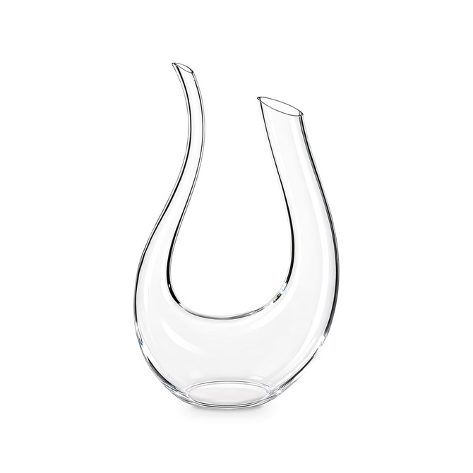 A U-shaped, clear glass wine decanter with elegant curves and a single spout, featuring a logo.