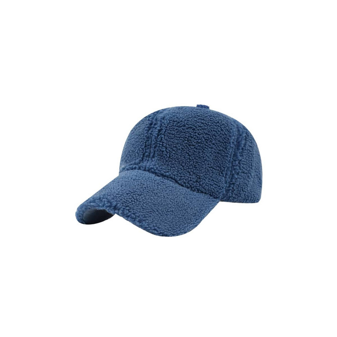 A blue lamb fur baseball cap with a curved brim and a structured crown, featuring a logo on the side.