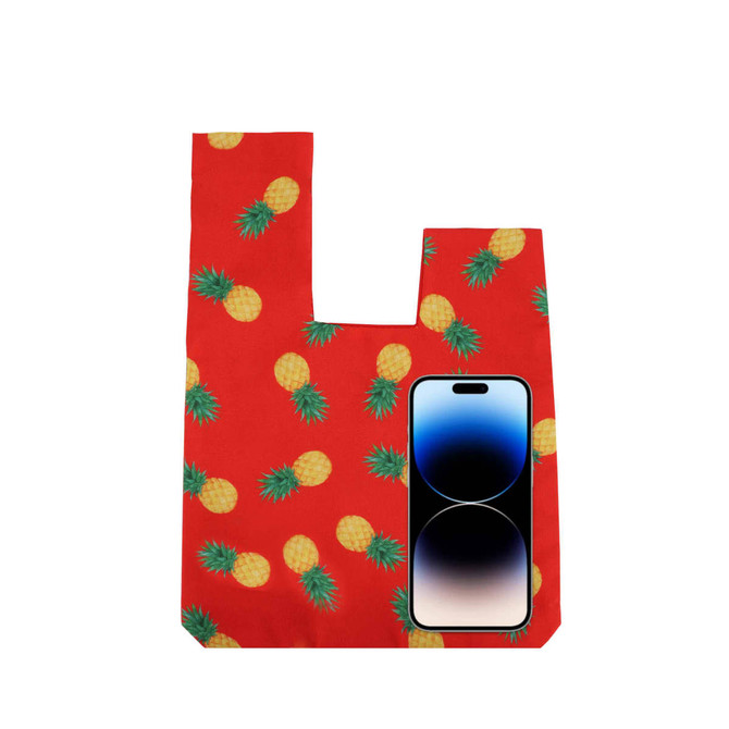 A red sublimation polyester wrist bag featuring a pineapple pattern, alongside an iPhone for scale.