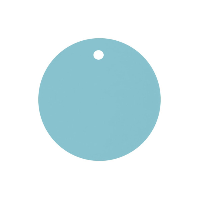 A round, light blue drink cover with a small hole at the top for attachment.