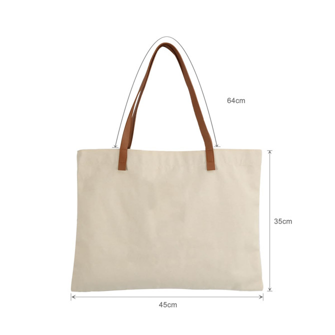 A canvas bag with leather straps, featuring a cream colour, measuring 64cm x 45cm x 35cm. Includes a brand logo.