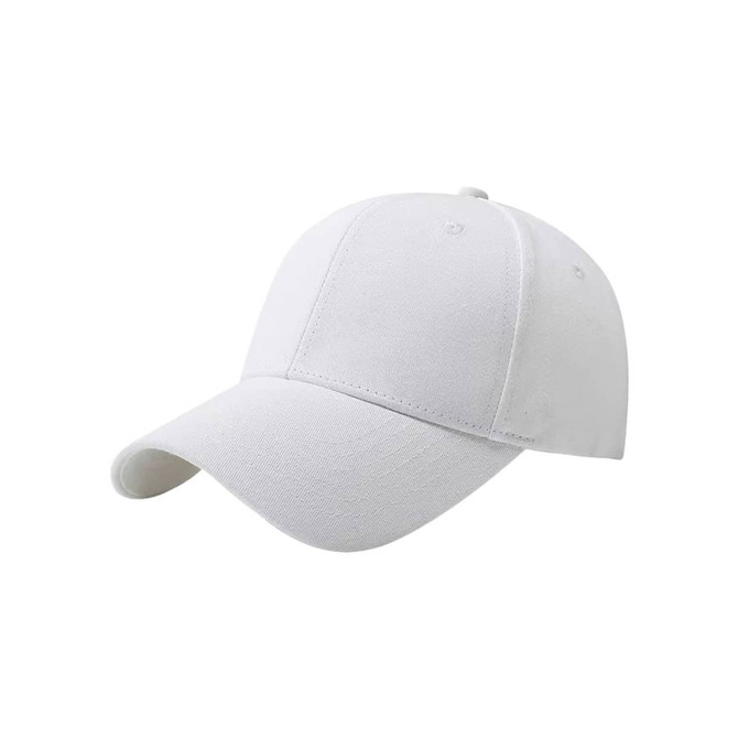 A cotton baseball cap in white, featuring a hard top and an adjustable strap at the back.