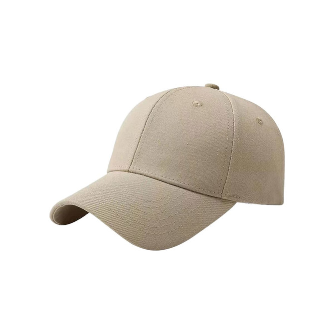 A beige baseball cap with a hard top and a curved brim, featuring an unbranded design.