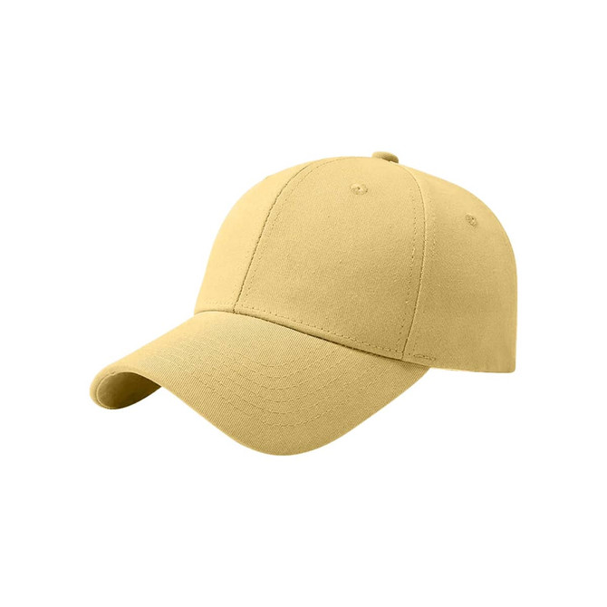 A cotton hard top baseball cap in a light yellow colour, featuring a rounded crown and a curved brim.