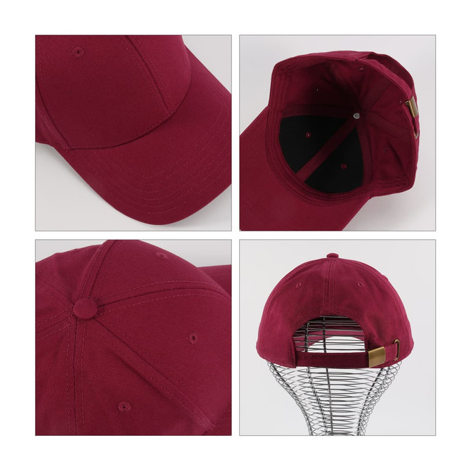 A maroon cotton baseball cap with a hard top, featuring an adjustable strap and a logo.