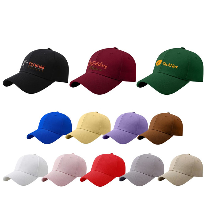 A collection of 12 cotton baseball caps in various colours, featuring multiple logos on the front.