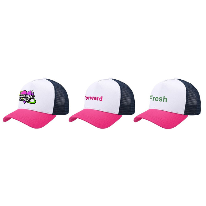 Three Premium Vintage Trucker Hats featuring pink brims and mesh backs, each with different logos on the front.