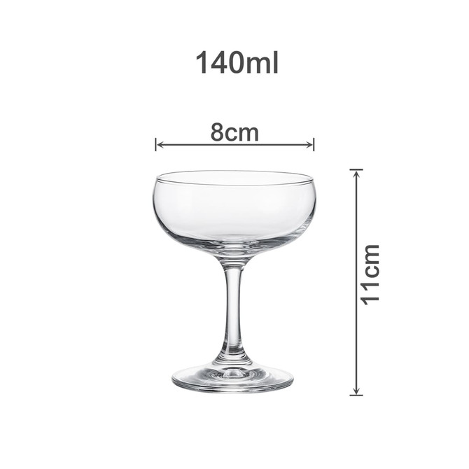 A clear glass Martini coupe with a capacity of 140ml, measuring 8cm in diameter and 11cm tall.