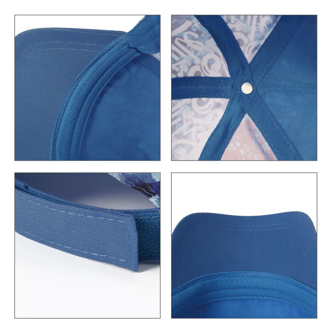 A blue five panel custom peak cap featuring a patterned lining and an adjustable strap at the back.