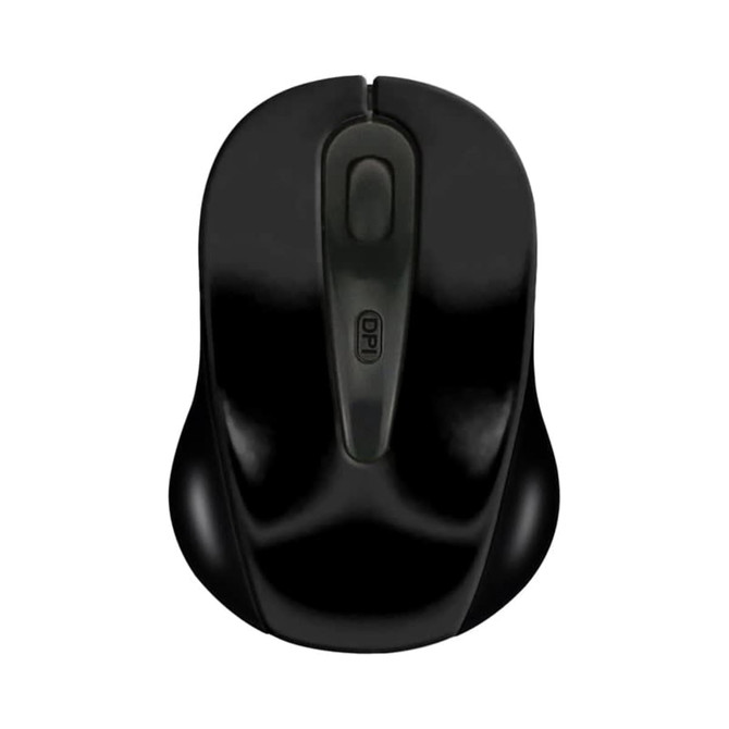 A black wireless mouse with a sleek design and an ergonomic shape. It features a central button and has a logo.