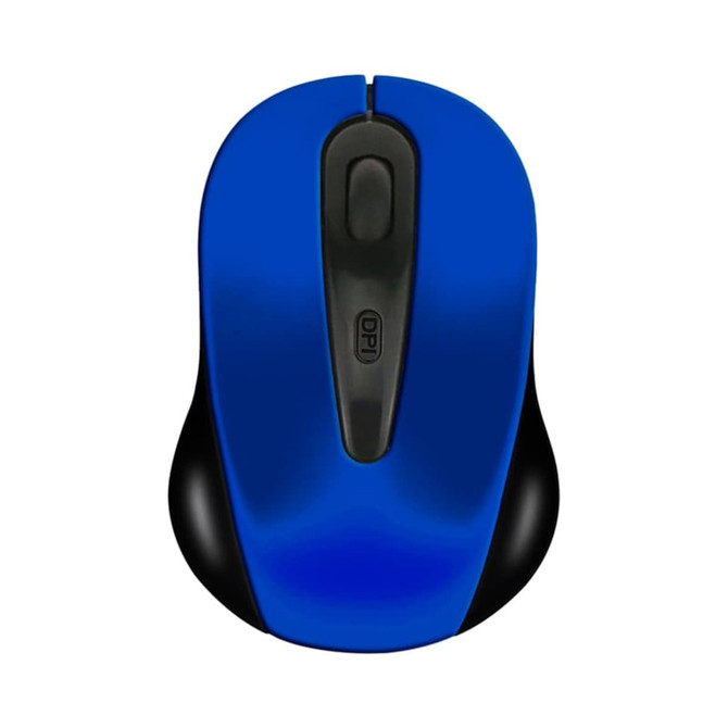 A wireless mouse in blue with black accents, featuring a central button and a smooth design.