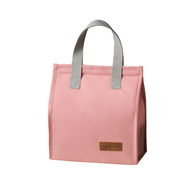 A pink minimalist lunch bag with grey handles and a small logo on the front.