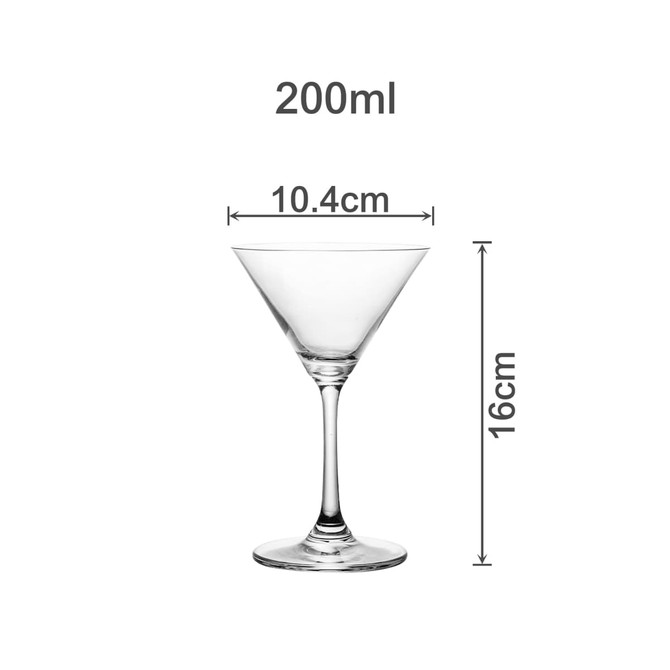 A clear glass martini glass with a cone-shaped bowl and a tall stem, measuring 16cm in height.