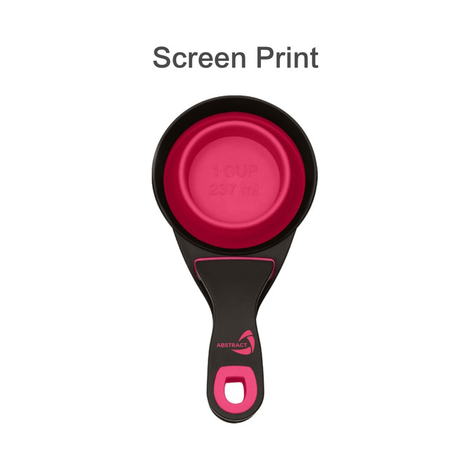 A collapsible pet food scoop in black and pink with a round cup marked for measurements. Features a logo.