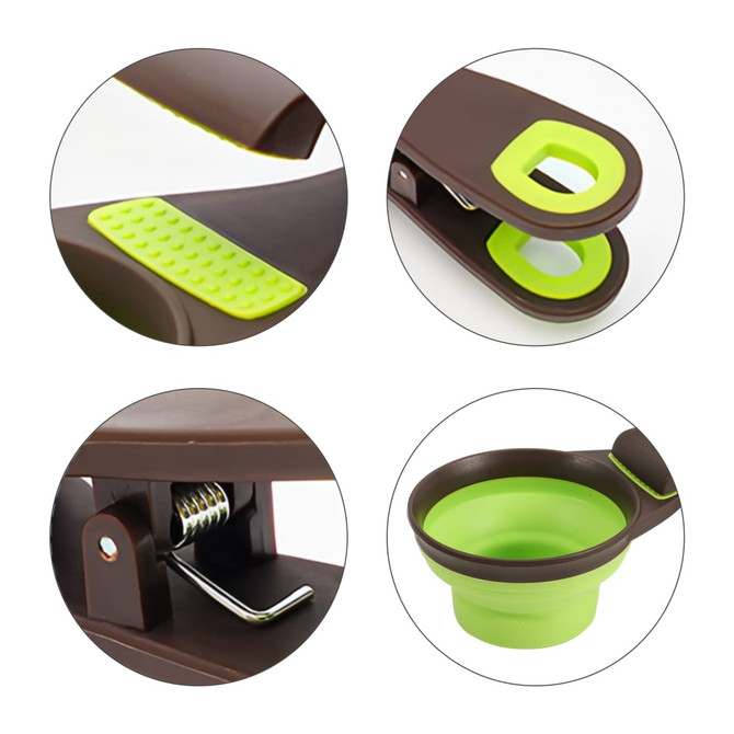 A collapsible pet food scoop in brown and green, featuring a textured grip and a compact design for easy storage.