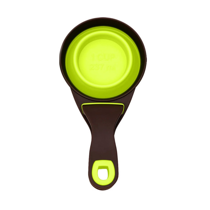 A collapsible pet food scoop in brown and bright green, featuring a round cup and a sturdy handle with a logo.
