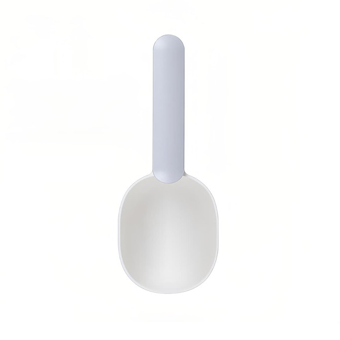 A pet food scoop with a white bowl and a light blue handle, featuring a simple, ergonomic design.