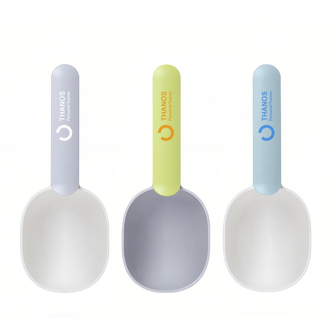 Three 2 in 1 pet food scoops in pale grey, lime green, and light blue, each with a logo on the handle.