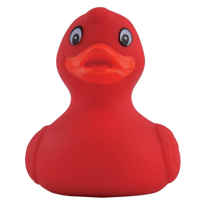 A bright red PVC bath duck with a smiling expression and large eyes, designed for playful bath time.