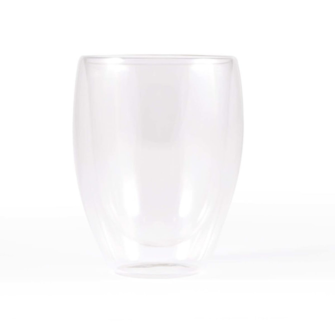 A double wall glass cup with a sleek, clear design, featuring a capacity of 350ml, ideal for beverages.