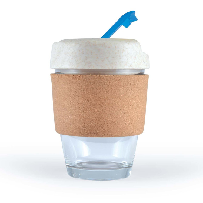 A reusable coffee cup featuring a clear glass body, a cork band for grip, and a white lid with a blue straw.