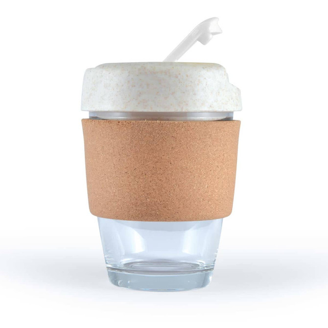 A reusable coffee cup featuring a transparent glass base and a white lid with a straw, encircled by a natural cork band.