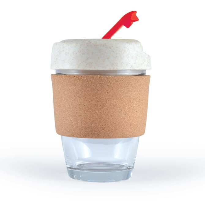 A reusable coffee cup featuring a cork band and a red straw lid, designed for eco-friendly drinkware.