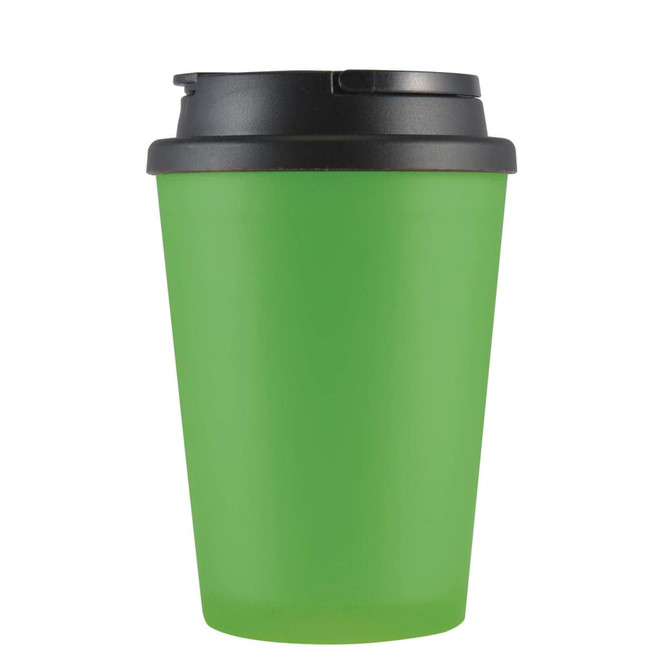 A drinkware coffee mug in vibrant green with a black lid and handle. It features a logo on the surface.