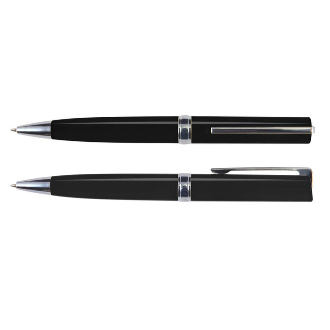 A Gemini Pen in sleek black plastic with chrome accents, displayed in two positions: one capped and one uncapped.