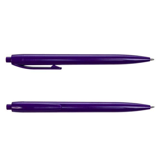 A purple plastic pen displayed from two angles, featuring a clip and a smooth design. It has a branding logo.