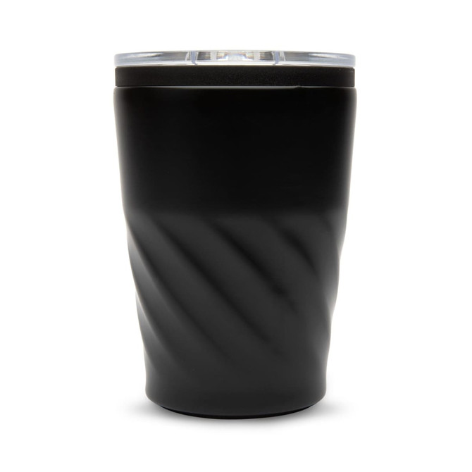 A reusable coffee cup with a matte black finish and a twisted texture, featuring a clear lid.