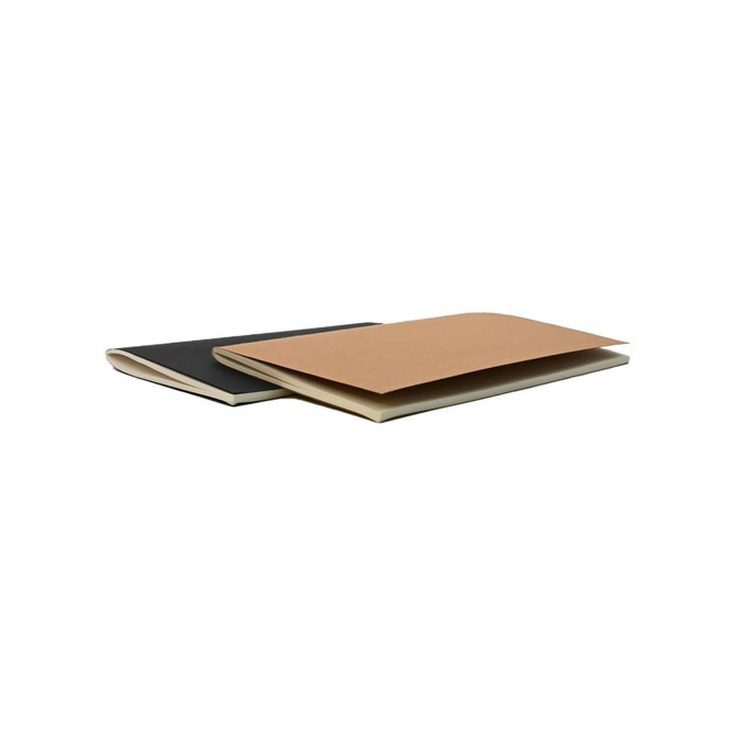 Two notebooks displayed: one with a black cover and one with a brown cover, both featuring a simple design.