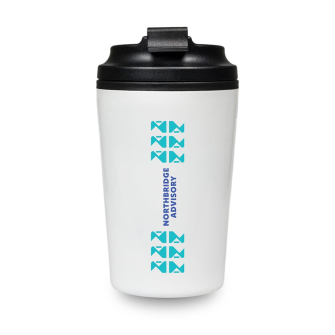 A reusable white coffee cup with a black lid, featuring a logo and turquoise design elements.