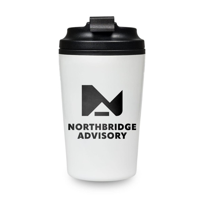 A reusable coffee cup in white with a black lid and branding on the front.