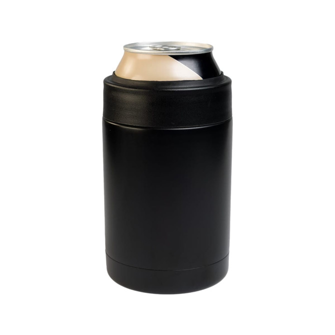 A drink bottle cooler in matte black, designed to fit standard-sized cans. It features a simple and sleek design.