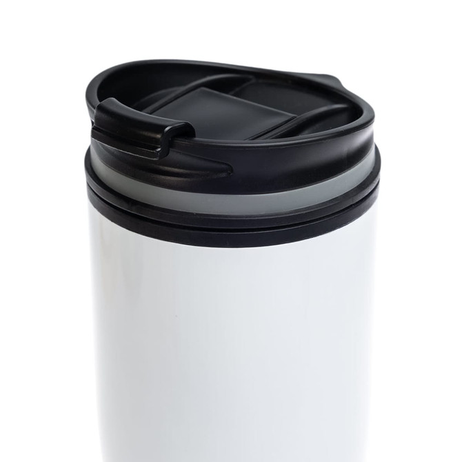 A reusable coffee cup with a sleek white exterior and a black lid featuring a slide closure.
